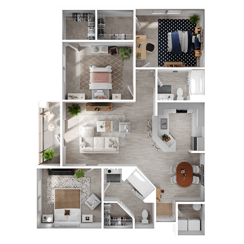 Floor plan for 3 beds, 2 baths, 1264 sqft